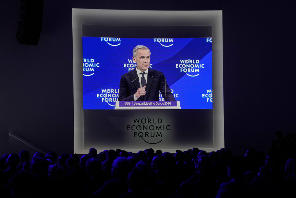 Canada's Prime Minister Mark Carney speaks during the Annual Meeting of the World Economic Forum in Davos, Switzerland, Tuesday, Jan. 20, 2026. (AP Photo/Markus Schreiber)
