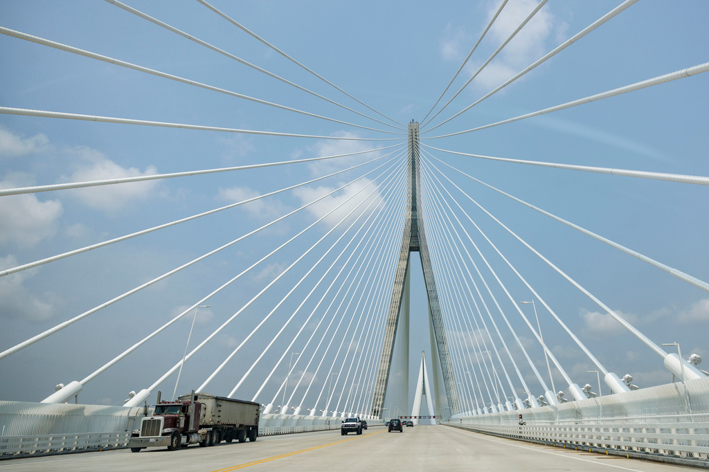 A semitrailer crosses the Gordie Howe International Bridge between Detroit, Mich. and Windsor, Ontario on its opening day, Monday, July 27 2026. (Jacob Hamilton/Ann Arbor News via AP)