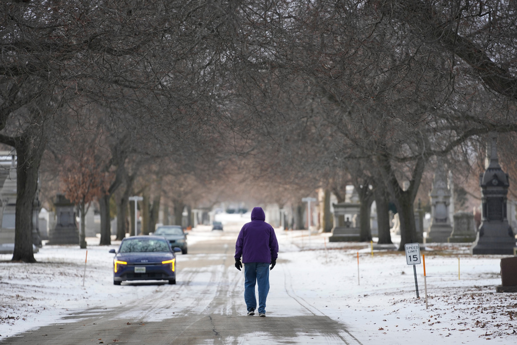 A person walks in a snowy Calvary Catholic Cemetery, Wednesday, Jan. 21, 2026, in Chicago. (AP Photo/Erin Hooley)