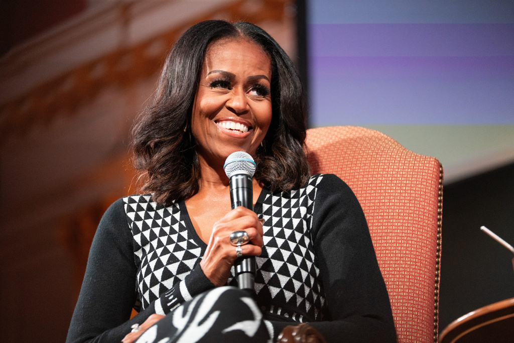 Former first lady Michelle Obama speaks about her new book "The Look" during an event at Sixth and I, Wednesday, Nov. 12, 2025, in Washington. (AP Photo/Allison Robbert)