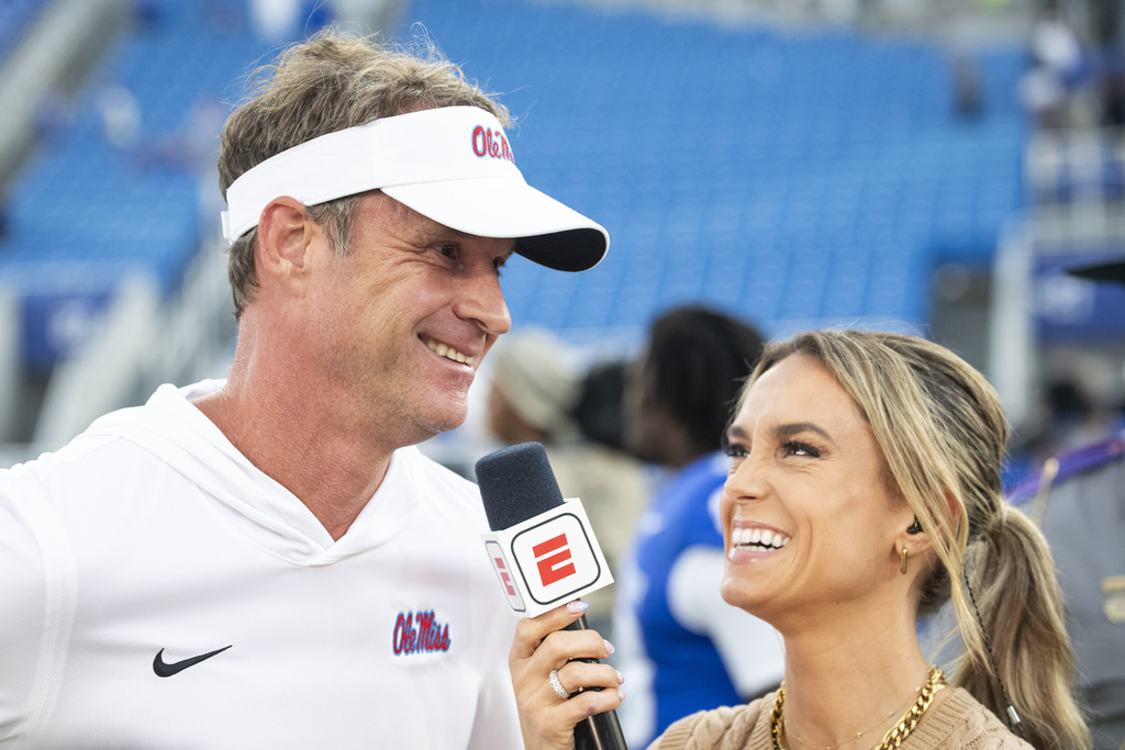 Mississippi head coach Lane Kiffin is interviewed after a NCCA college football game against Kentucky in Lexington, Ky., Saturday, Sept. 6, 2025. (AP Photo/Tanner Pearson)