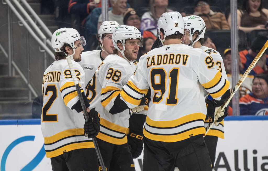Boston Bruins David Pastrnak (88) celebrates a goal with teammates against the Edmonton Oilers during the third period of an NHL hockey game, in Edmonton, Alberta, Wednesday, Dec. 31, 2025. (Jason Franson/The Canadian Press via AP)
