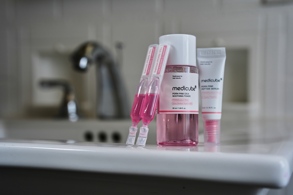 Skincare products made from salmon DNA are displayed Friday, March 6, 2026, in Cincinnati. (AP Photo/Joshua A. Bickel)