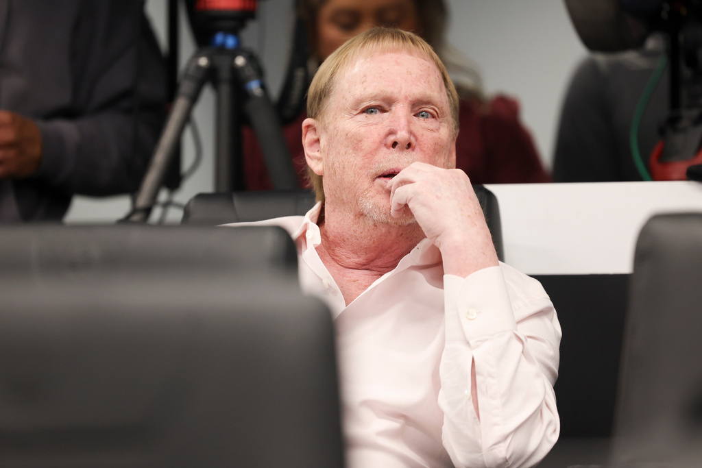 Las Vegas Raiders owner Mark Davis looks during a news conference introducing the Raiders new head coach Klint Kubiak, Tuesday, Feb. 10, 2026, at the NFL football team's training facility in Henderson, Nev. (AP Photo/Ian Maule)