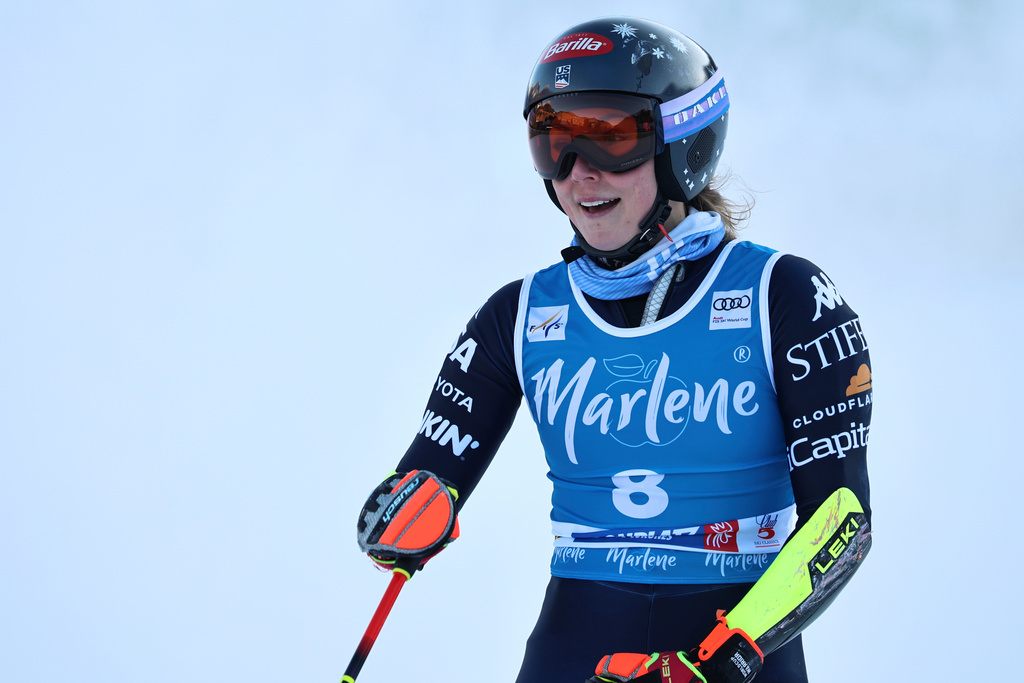 United States' Mikaela Shiffrin checks her time at the finish area of a women's World Cup giant slalom, in Kronplatz, Italy, Tuesday, Jan. 20, 2026. (AP Photo/Marco Trovati)