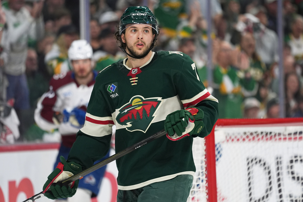 FILE - Minnesota Wild defenseman Brock Faber (7) waits for play to resume during the second period of Game 4 in an NHL Stanley Cup hockey second-round playoff series against the Colorado Avalanche, May 11, 2026, in St. Paul, Minn. (AP Photo/Abbie Parr, File)