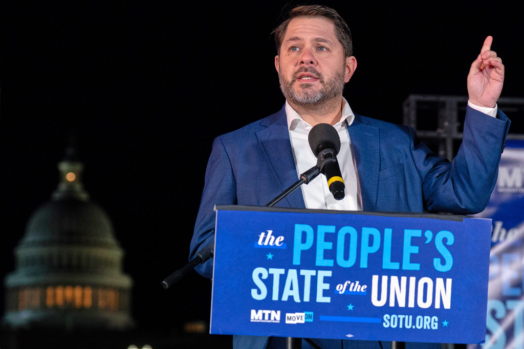 FILE - Sen. Ruben Gallego D-Ariz., speaks during the "People's State of the Union" rally outside of the U.S. Capitol, Feb. 24, 2026, in Washington. (AP Photo/Jose Luis Magana, file)