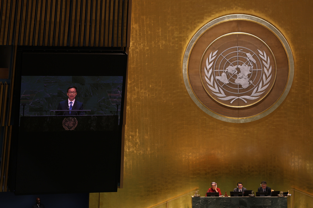 Chinese Vice President Han Zheng speaks during the 81st session of the United Nations General Assembly at United Nations headquarters, Saturday, Sept. 26, 2026. (AP Photo/Heather Khalifa)