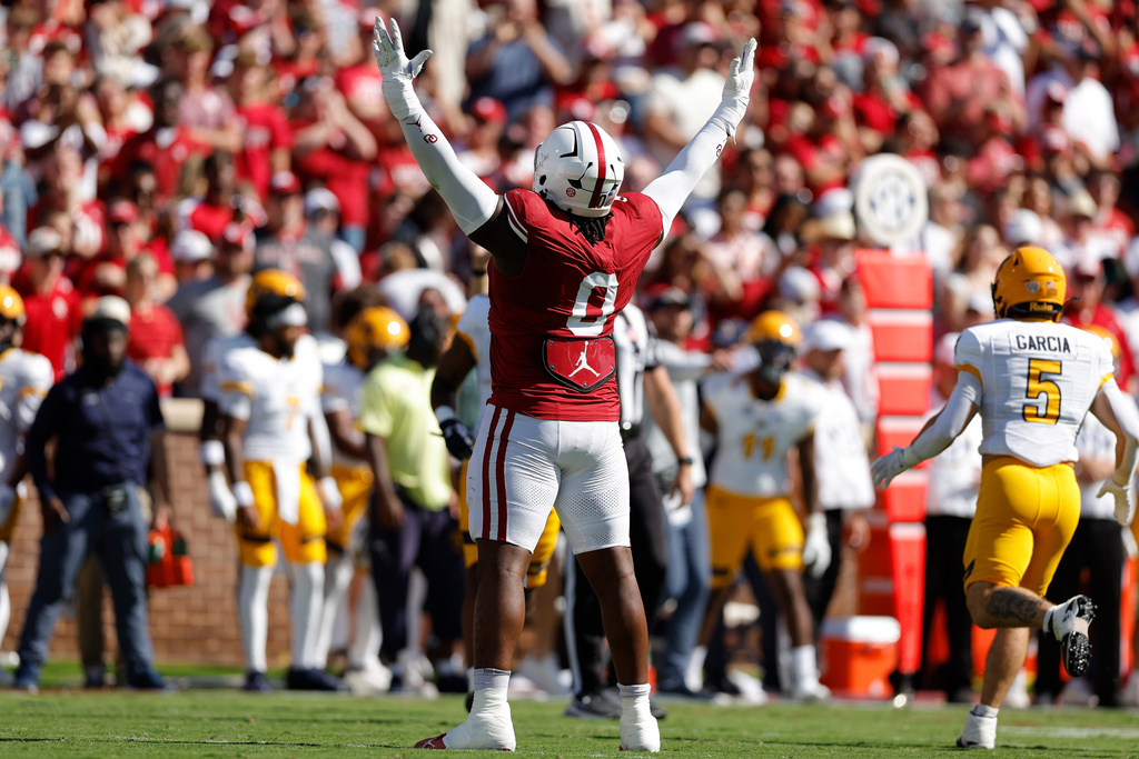 Oklahoma defensive lineman David Stone (0) celebrates after a tackle during the first half of an NCAA college football game against Kent State, Saturday, Oct. 4, 2025, in Norman, Okla. (AP Photo/Alonzo Adams)