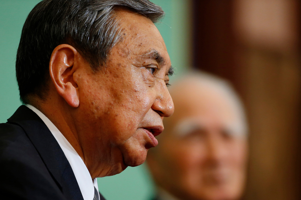 FILE -Japan's former Chief Cabinet Secretary Yohei Kono, left, speaks as former Prime Minister Tomiichi Murayama listens during a press conference at the Japan National Press Club in Tokyo, June 9, 2015. (AP Photo/Shizuo Kambayashi, File)