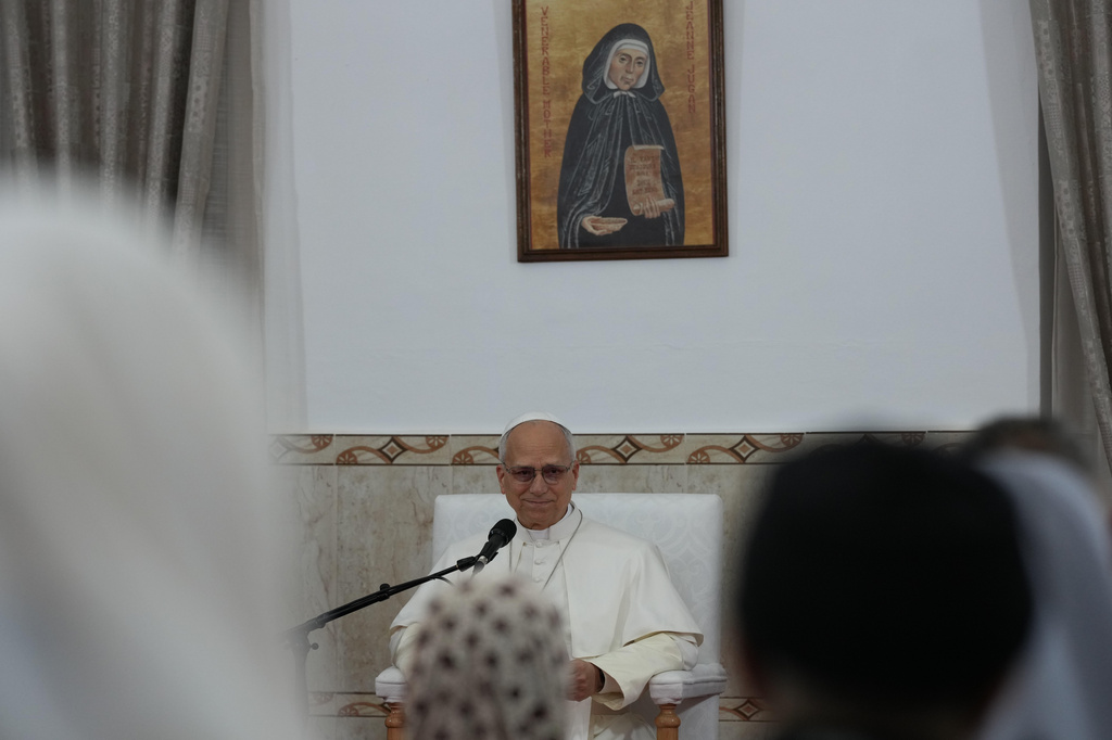 Pope Leo XIV visits the nursing home of the Little Sisters of the Poor in Annaba, Algeria, Tuesday, April 14, 2026, on the second day of an 11-day apostolic journey to Africa. (AP Photo/Andrew Medichini, Pool)