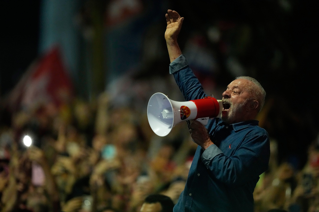 President Luiz Inacio Lula da Silva addresses supporters during a victory rally after winning a fourth term in the presidential runoff on Paulista Avenue in Sao Paulo, Brazil, Sunday, Oct. 25, 2026. (AP Photo/Natacha Pisarenko)