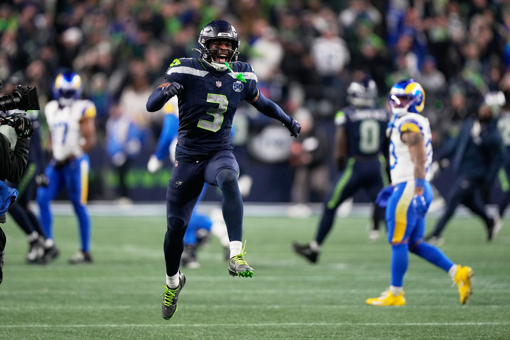 Seattle Seahawks safety Nick Emmanwori (3) celebrates after a win over the Los Angeles Rams in the NFC Championship NFL football game Sunday, Jan. 25, 2026, in Seattle. (AP Photo/Stephen Brashear)