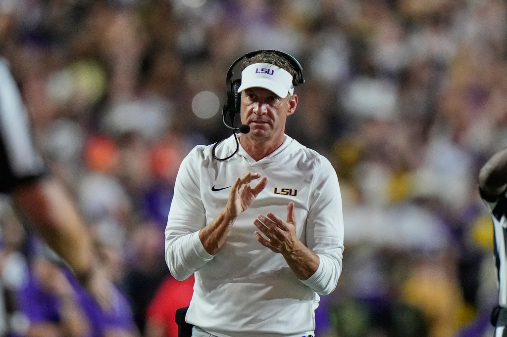 LSU head coach Lane Kiffin reacts in the first half of an NCAA college football game against Clemson, Saturday, Sept. 5, 2026 in Baton Rouge, La. (AP Photo/Gerald Herbert)