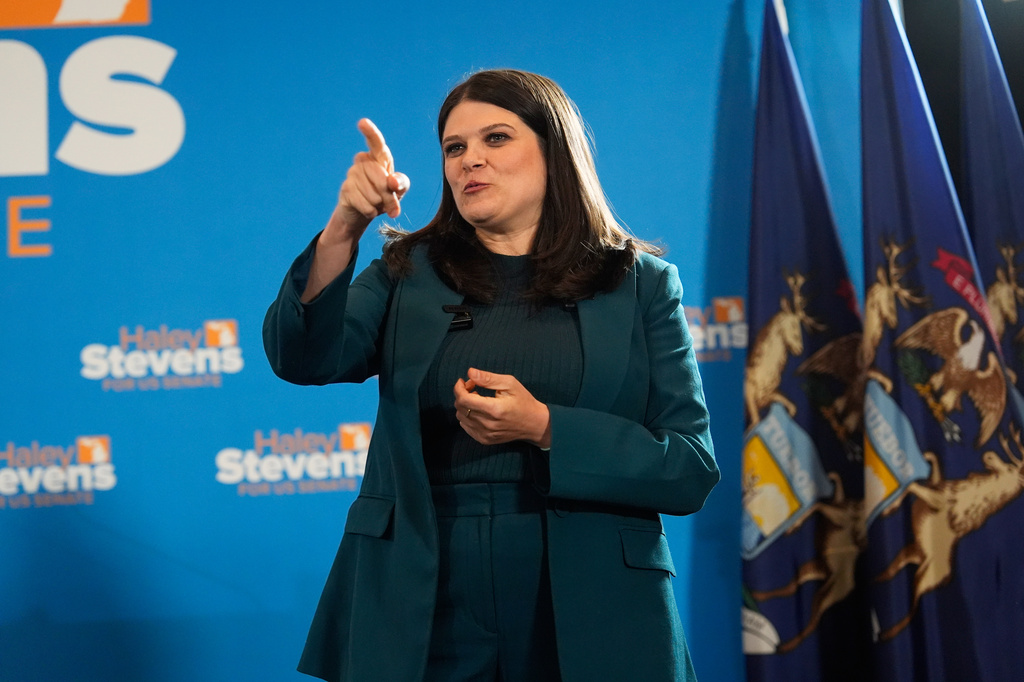 Rep. Haley Stevens, D-Mich., a candidate in the Democratic primary for U.S. Senate in Michigan, speaks during a primary election night event Wednesday, Aug. 5, 2026, in Detroit. (AP Photo/Paul Sancya)