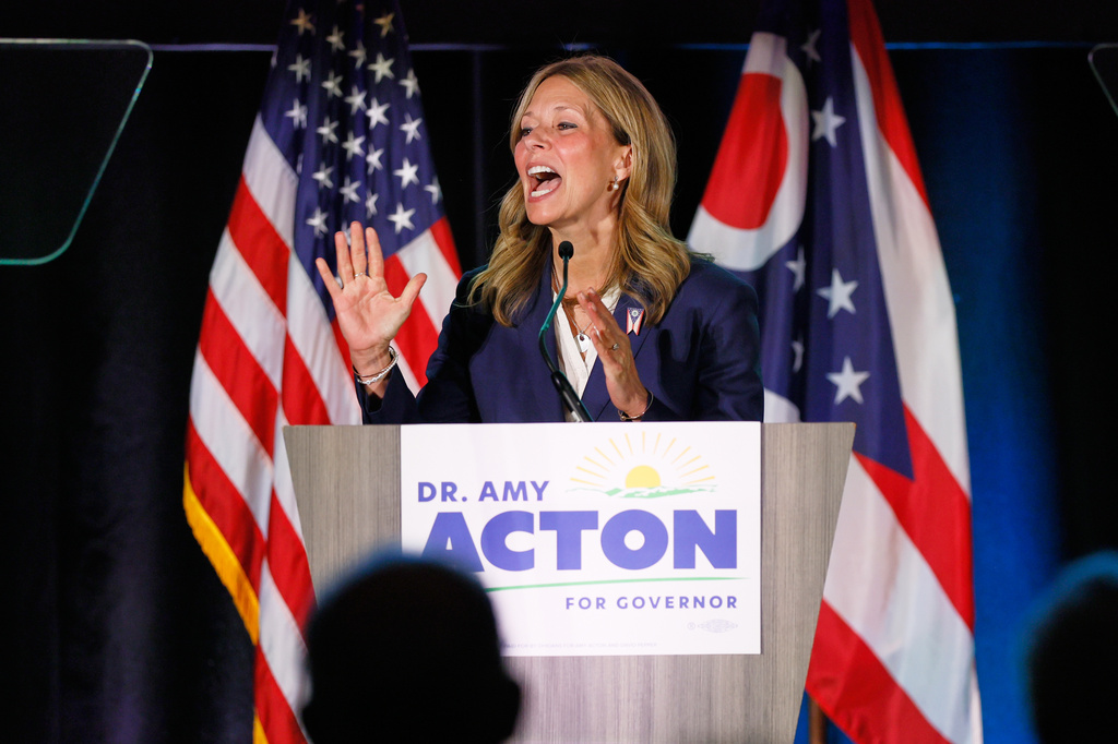 Democratic gubernatorial candidate Dr. Amy Acton speaks at a primary election night campaign event after winning the party's nomination for governor in Columbus, Ohio, Tuesday, May 5, 2026. (AP Photo/Jay LaPrete)