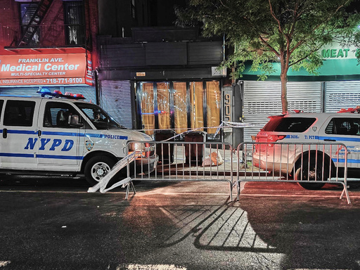 FILE - New York City Police Department vehicles secure the entrance to the Taste of the City Lounge, center, where a shooting took place on Aug. 17 in Brooklyn, New York, Aug. 18, 2025. (AP Photo/Julie Walker, File) FILE - New York City Police Department vehicles secure the entrance to the Taste of the City Lounge, center, where a shooting took place on Aug. 17 in Brooklyn, New York, Aug. 18, 2025. (AP Photo/Julie Walker, File)
