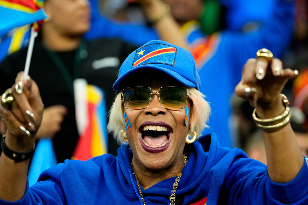 A DR Congo fan cheers prior to the Africa Cup of Nations group D soccer match between Botswana and DR Congo in Rabat, Morocco, Tuesday, Dec. 30, 2025. (AP Photo/Mosa'ab Elshamy)