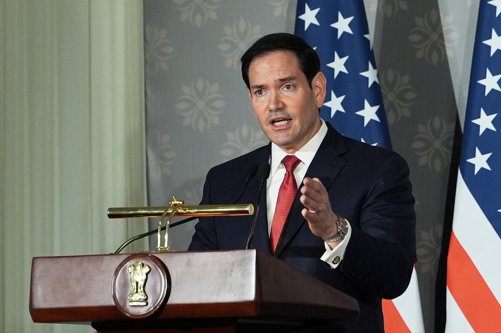 United States Secretary of State Marco Rubio speaks at a joint presser with India's Minister of External Affairs S. Jaishankar, unseen, following their talks in New Delhi, India, Sunday, May 24, 2026. (AP Photo/Julia Demaree Nikhinson, Pool)
