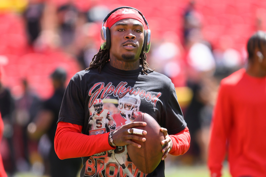 FILE - Kansas City Chiefs wide receiver Rashee Rice warms up before an NFL football game against the Cincinnati Bengals, Sept. 15, 2024, in Kansas City, Mo. (AP Photo/Reed Hoffmann, File)