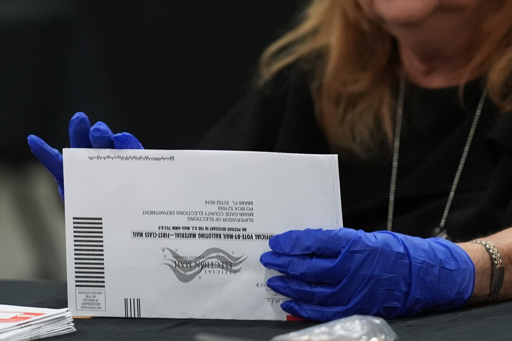 An election worker sorts vote-by-mail ballots at the Miami-Dade County Supervisor of Elections Office for the Florida primary election in Doral, Fla., Tuesday, Aug. 18, 2026. (AP Photo/Lynne Sladky)