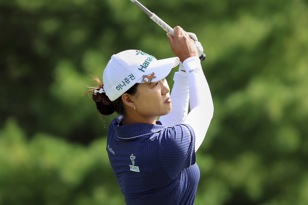 Minjee Lee, of Australia, hits from the third tee during the first round of the FM Championship LPGA golf tournament at TPC Boston, Thursday, Aug. 28, 2025, in Norton, Mass. (AP Photo/Michael Dwyer)