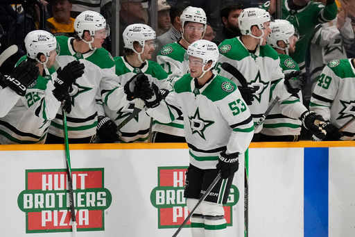 Dallas Stars center Wyatt Johnston (53) celebrates his goal with teammates during the second period of an NHL hockey game against the Nashville Predators, Sunday, Oct. 26, 2025, in Nashville, Tenn. (AP Photo/George Walker IV) Dallas Stars center Wyatt Johnston (53) celebrates his goal with teammates during the second period of an NHL hockey game against the Nashville Predators, Sunday, Oct. 26, 2025, in Nashville, Tenn. (AP Photo/George Walker IV)