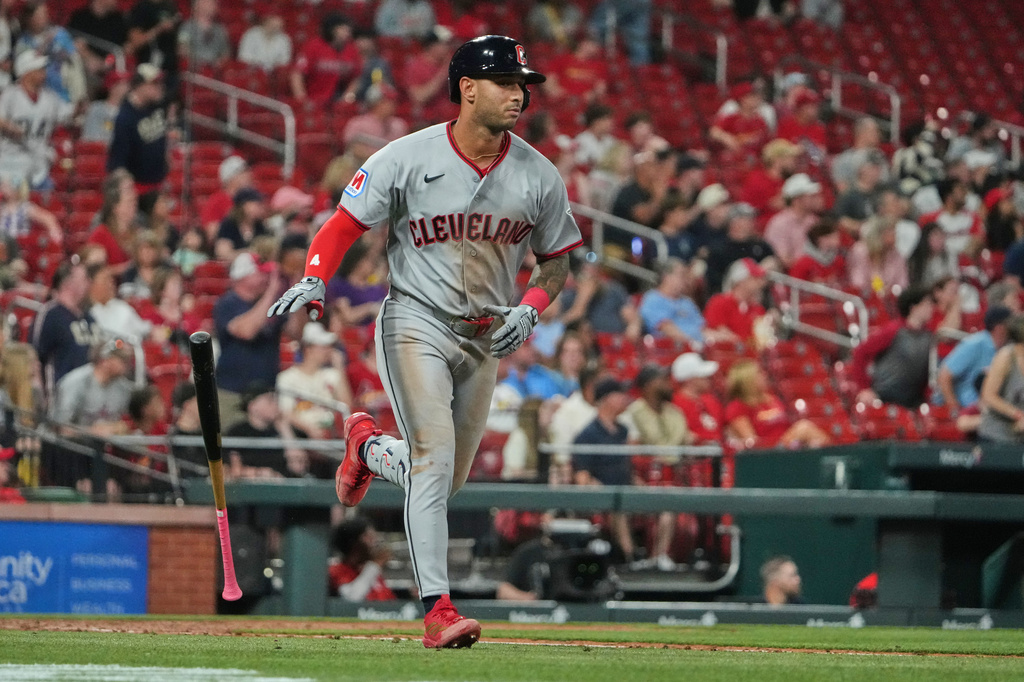 Cleveland Guardians' Brayan Rocchio drops his bat after hitting a two-run home run during the sixth inning of a baseball game against the St. Louis Cardinals Monday, April 13, 2026, in St. Louis. (AP Photo/Jeff Roberson)