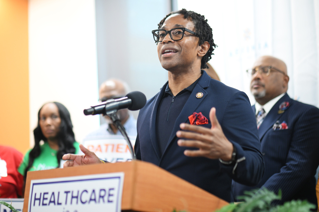 U.S. Rep. Wesley Bell, D-Mo., speaks at a healthcare rally hosted by Congressman Bell and Affinia Healthcare on Friday, July 24, 2026 in Ferguson, Mo. (AP Photo/Michael Thomas)