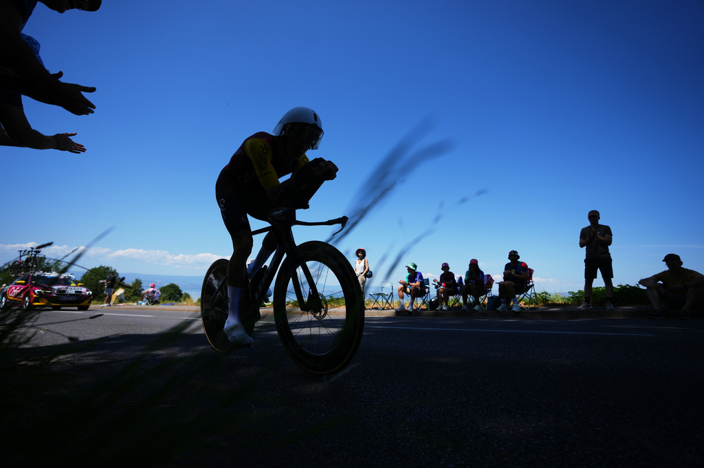France's Hugo Page rides during the sixteenth stage of the Tour de France cycling race, an indivdual time-trial with start in Evian-Les-Bains and finish in Thonon-les-Bains, France, Tuesday, July 21, 2026. (AP Photo/Thibault Camus)