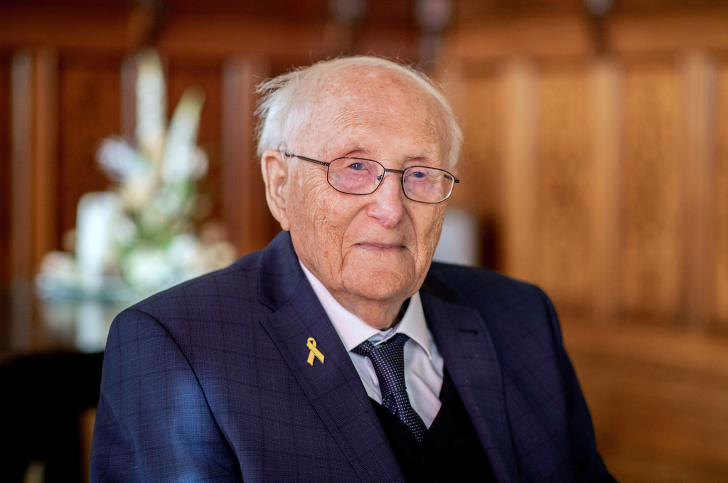 FILE - Albrecht Weinberg, one of the last survivors of the Holocaust, sits in the Leer town hall in Leer, Germany, March 5, 2025. (Hauke-Christian Dittrich/dpa via AP, File)