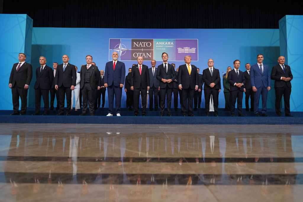 Leaders including NATO Secretary General Mark Rutte, President Donald Trump, and Turkish President Recep Tayyip Erdogan pose for a photo during the NATO summit in Ankara, Turkey, Wednesday, July 8, 2026. (AP Photo/Alex Brandon)
