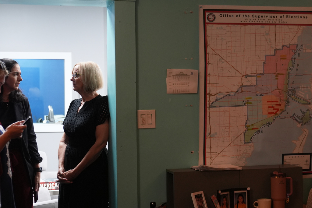 Miami mayor-elect Eileen Higgins speaks to her staff before a news conference at her campaign headquarters Wednesday, Dec. 10, 2025, in Miami. (AP Photo/Marta Lavandier)