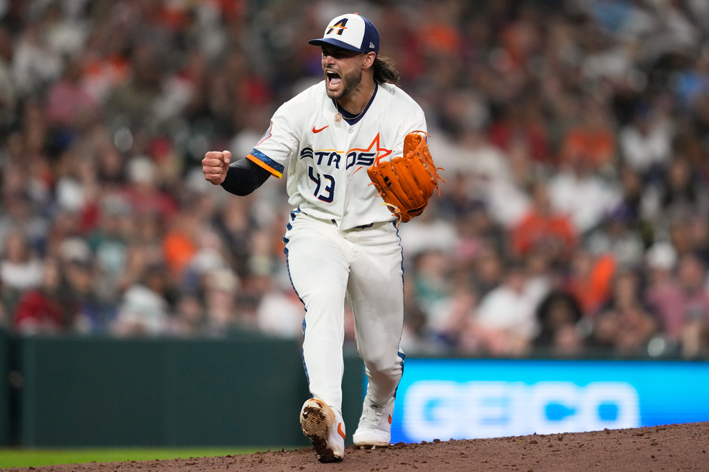 Houston Astros starting pitcher Lance McCullers Jr. celebrates after the top of the seventh inning of a baseball game against the Boston Red Sox in Houston, Monday, March 30, 2026. (AP Photo/Ashley Landis)