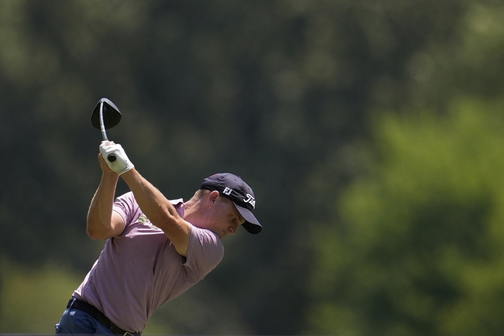 Bud Cauley hits on the seventh hole during the first round of the St. Jude Championship golf tournament Thursday, Aug. 7, 2025, in Memphis, Tenn. (AP Photo/George Walker IV)