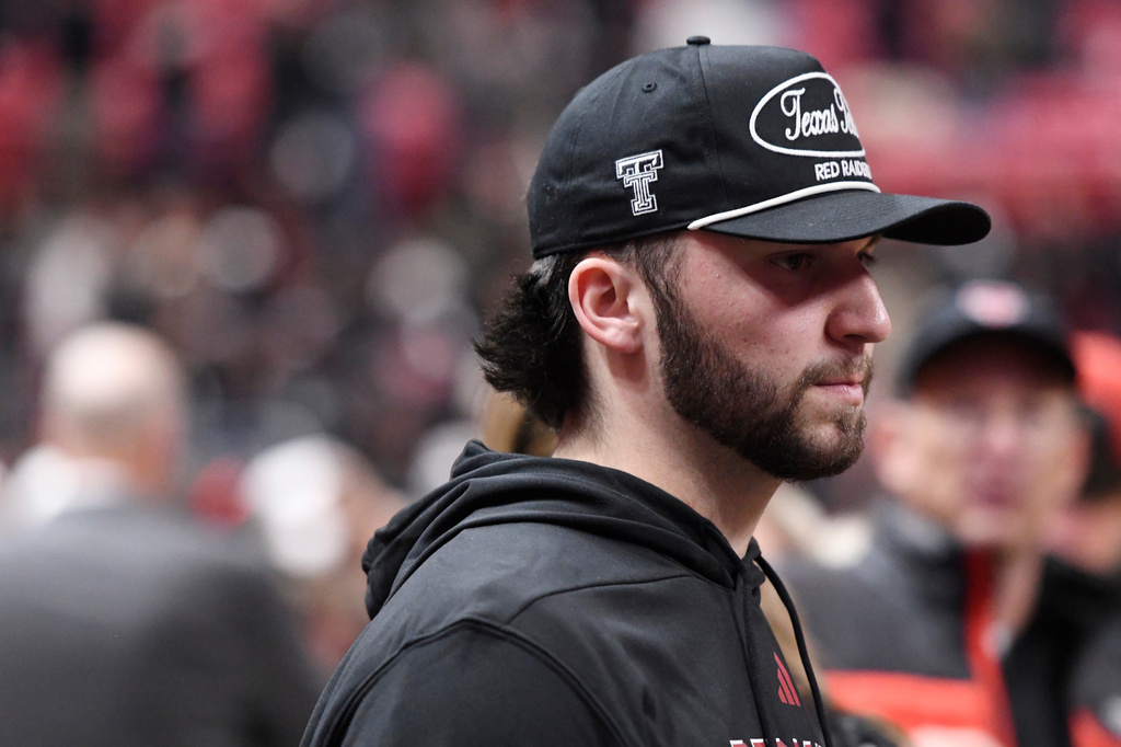 FILE - Quarterback Brendan Sorsby attends an NCAA college basketball game between Texas Tech and Houston, Jan. 24, 2026, in Lubbock, Texas. (AP Photo/Annie Rice, file)