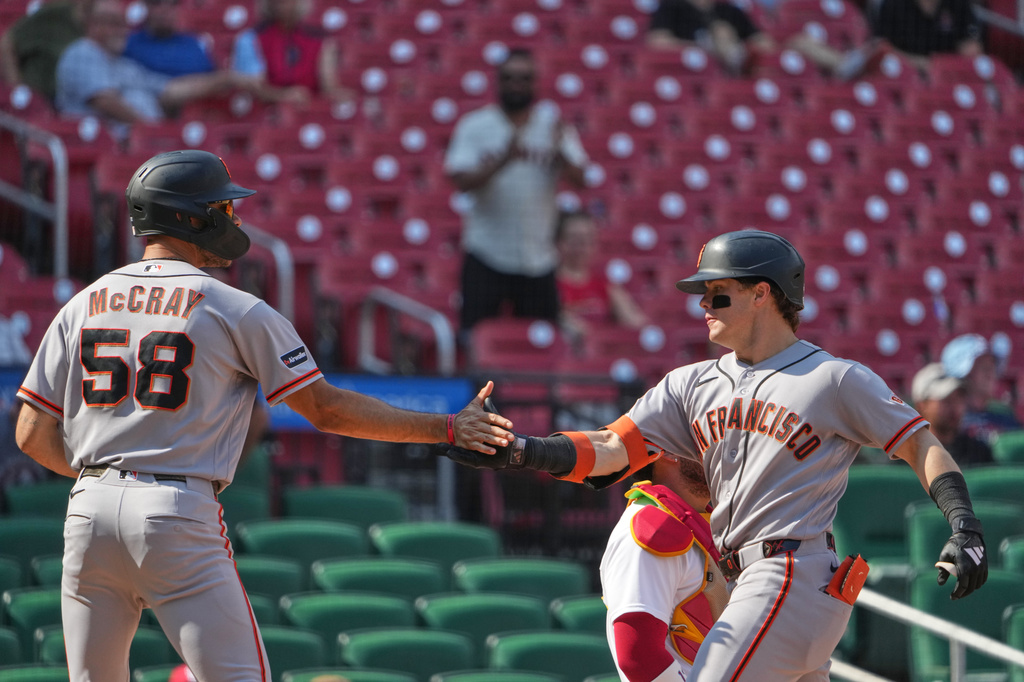 San Francisco Giants' Drew Gilbert, right, is congratulated by teammate Grant McCray (58) after hitting a two-run home run during the 10th inning of a baseball game against the St. Louis Cardinals Wednesday, Sept. 16, 2026, in St. Louis. (AP Photo/Jeff Roberson)