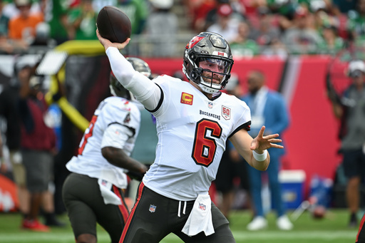 Tampa Bay Buccaneers quarterback Baker Mayfield (6) throws during the first half of an NFL football game against the Philadelphia Eagles, Sunday, Sept. 28, 2025, in Tampa, Fla. (AP Photo/Jason Behnken) Tampa Bay Buccaneers quarterback Baker Mayfield (6) throws during the first half of an NFL football game against the Philadelphia Eagles, Sunday, Sept. 28, 2025, in Tampa, Fla. (AP Photo/Jason Behnken)