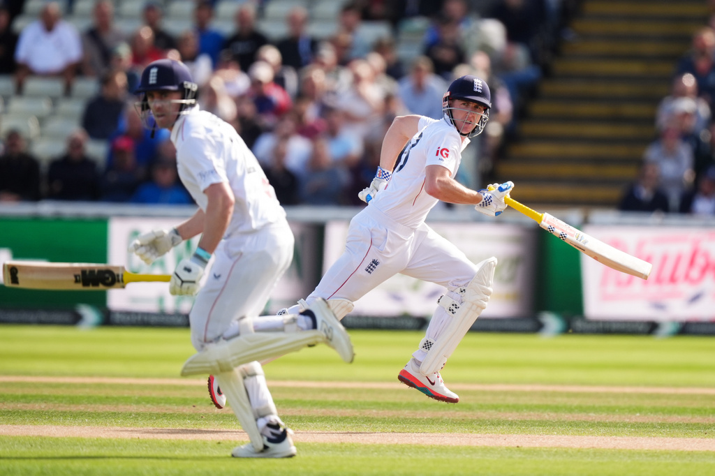 England's Harry Brook, right, makes a run during day two of the third cricket Test between England and Pakistan in Birmingham, England, Thursday Sept. 10, 2026. (Mike Egerton/PA via AP)