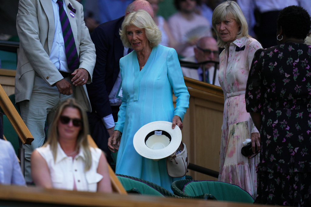 Britain's Queen Camilla arrives to the royal box on day 10 of the Wimbledon Tennis Championships in London, Wednesday, July 8, 2026. (AP Photo/Brian Inganga)