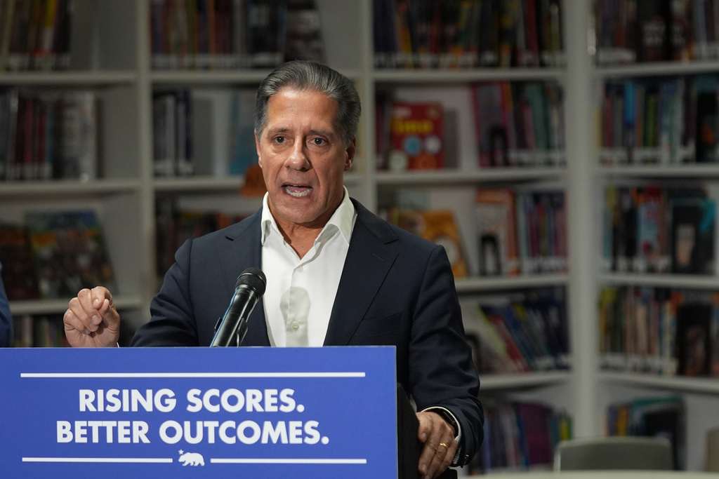FILE - Alberto Carvalho, Superintendent of Los Angeles Unified School District speaks about students' improved rising scores before Gov. Gavin Newsom signed legislation related to student literacy in Los Angeles on Thursday, Oct. 9, 2025. (AP Photo/Damian Dovarganes, File)