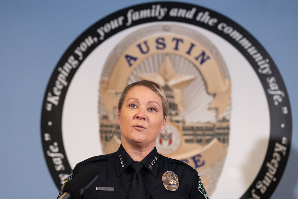 Police Chief Lisa Davis addresses the press regarding the West 6th Street mass shooting while at the Austin Police Department Headquarters in Austin, Monday, March 2, 2026. (Mikala Compton/The San Antonio Express-News via AP)