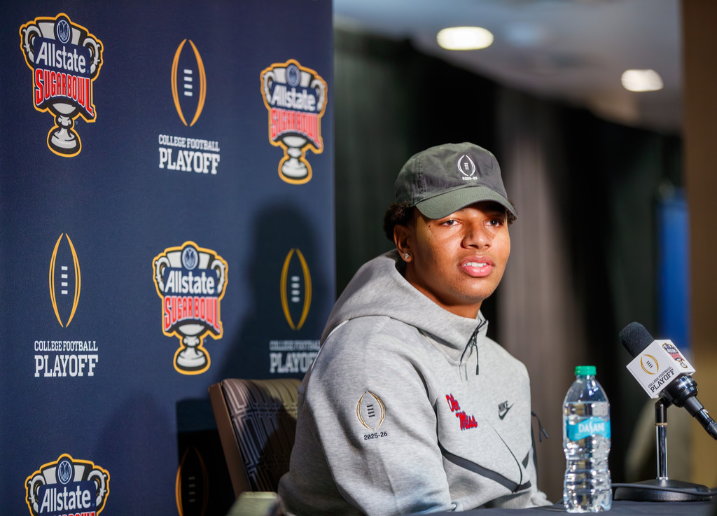 Ole Miss quarterback Trinidad Chambliss (6) answers a question during the Sugar Bowl Media Day in New Orleans, Tuesday, Dec. 30, 2025. (David Grunfeld /The Times-Picayune/The New Orleans Advocate via AP)