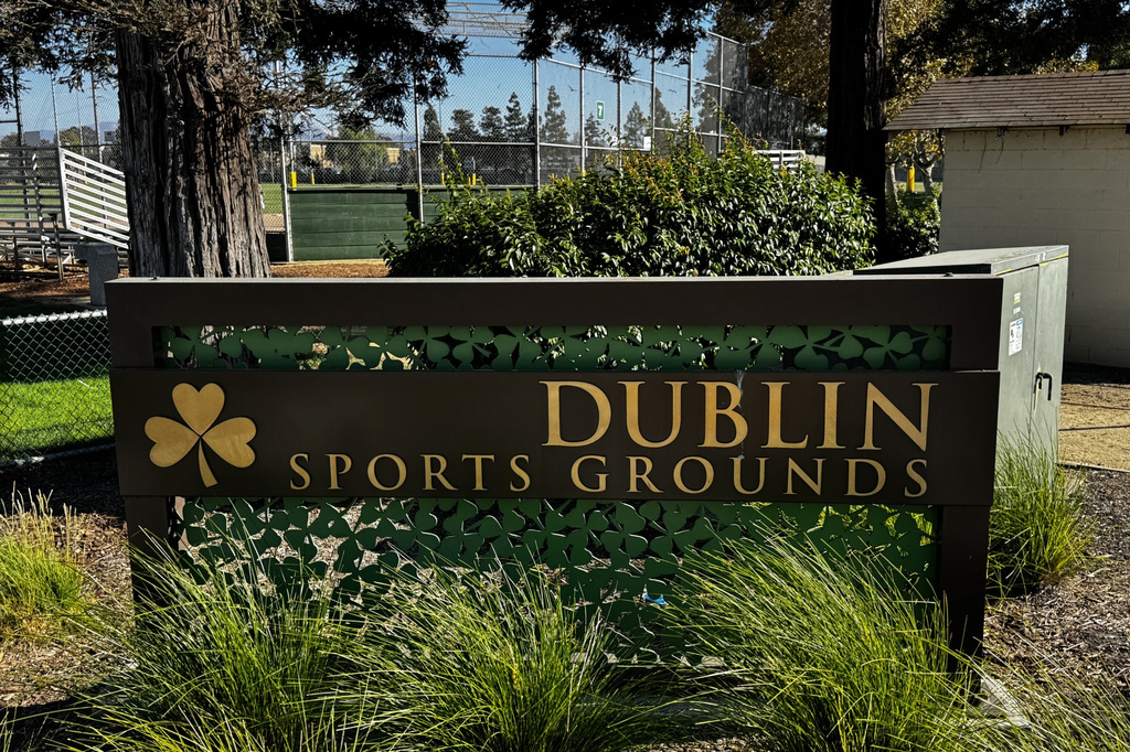 This photo taken with a smartphone shows a Dublin Sports Grounds sign in Dublin, Calif., Monday, Sept. 28, 2026. (AP Photo/Terry Chea)