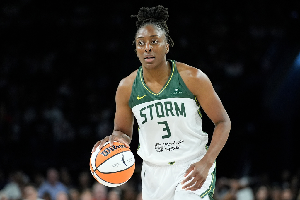 FILE - Seattle Storm forward Nneka Ogwumike plays against the Las Vegas Aces in Game 2 of a WNBA basketball first-round playoff game, Sept. 24, 2024, in Las Vegas. (AP Photo/John Locher, File)
