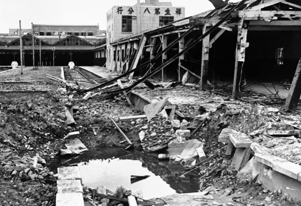 FILE - The ruins of the Shanghai-Nanking railway station at Shanghai on Oct. 28, 1937 after it had been shattered by bombs. Japanese troops blazed their way through Chapei with Chinese retreating to new defense positions northwest of Shanghai. Japanese cut the Shanghai-Nanking and Shanghai-Hangchow railways by occupying the junction where the lines meet. (AP Photo, File)
