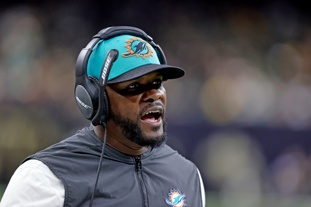 FILE - Miami Dolphins coach Brian Flores yells during the second half of an NFL football game against the New Orleans Saints Monday, Dec. 27, 2021, in New Orleans. (AP Photo/Butch Dill, File)