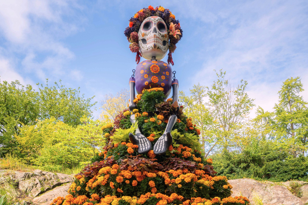 This image provided by the New York Botanical Garden shows a traditional marigold-adorned La Catrina sculpture on display during the site's Dia de los Muertos celebration in the Bronx borough of New York on Sept. 29, 2026. (New York Botanical Garden via AP)