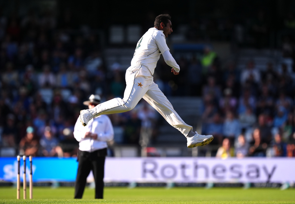 Pakistan's Mohammad Ali celerbates the wicket of England's Emilio Gay on day one of the first Rothesay Test match between England and Pakistan in Leeds, England, Wednesday, Aug. 19, 2026. (Mike Egerton/PA via AP)