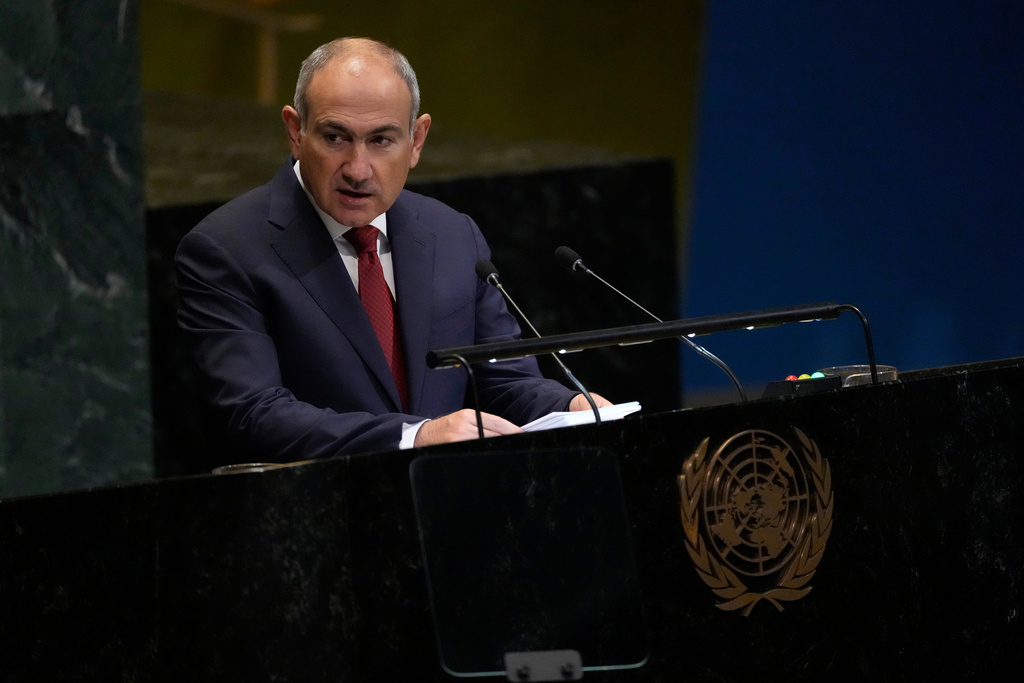 Prime Minister of Armenia Nikol Pashinyan addresses the 80th session of the United Nations General Assembly, Saturday, Sept. 27, 2025, at U.N. headquarters. (AP Photo/Pamela Smith)
